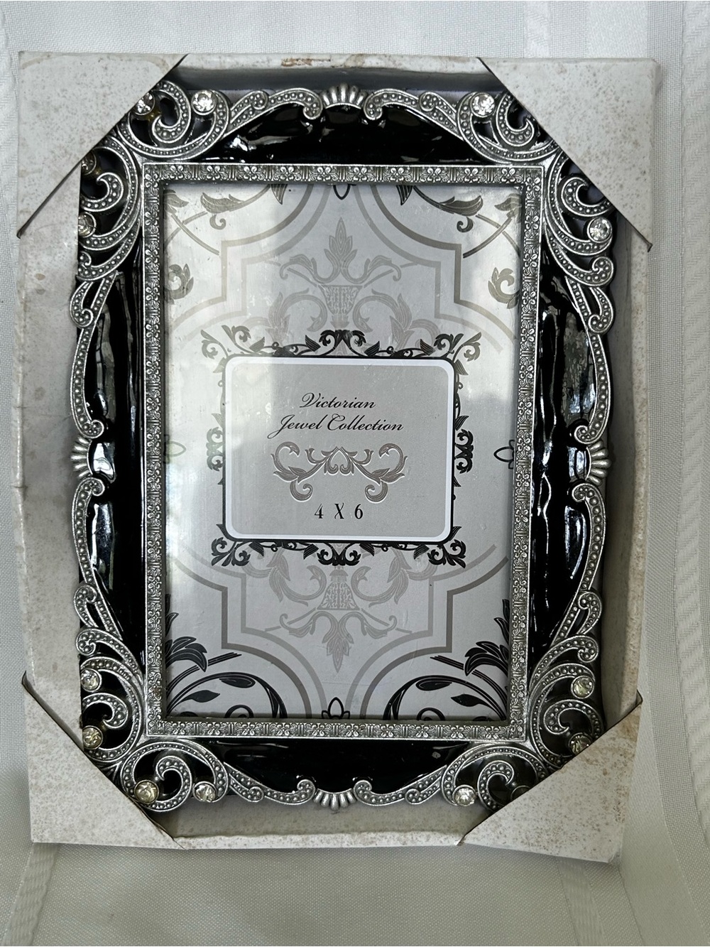 Victorian Jewel Collection 4x6 Picture Frame In Box Silver Black Rhinestone